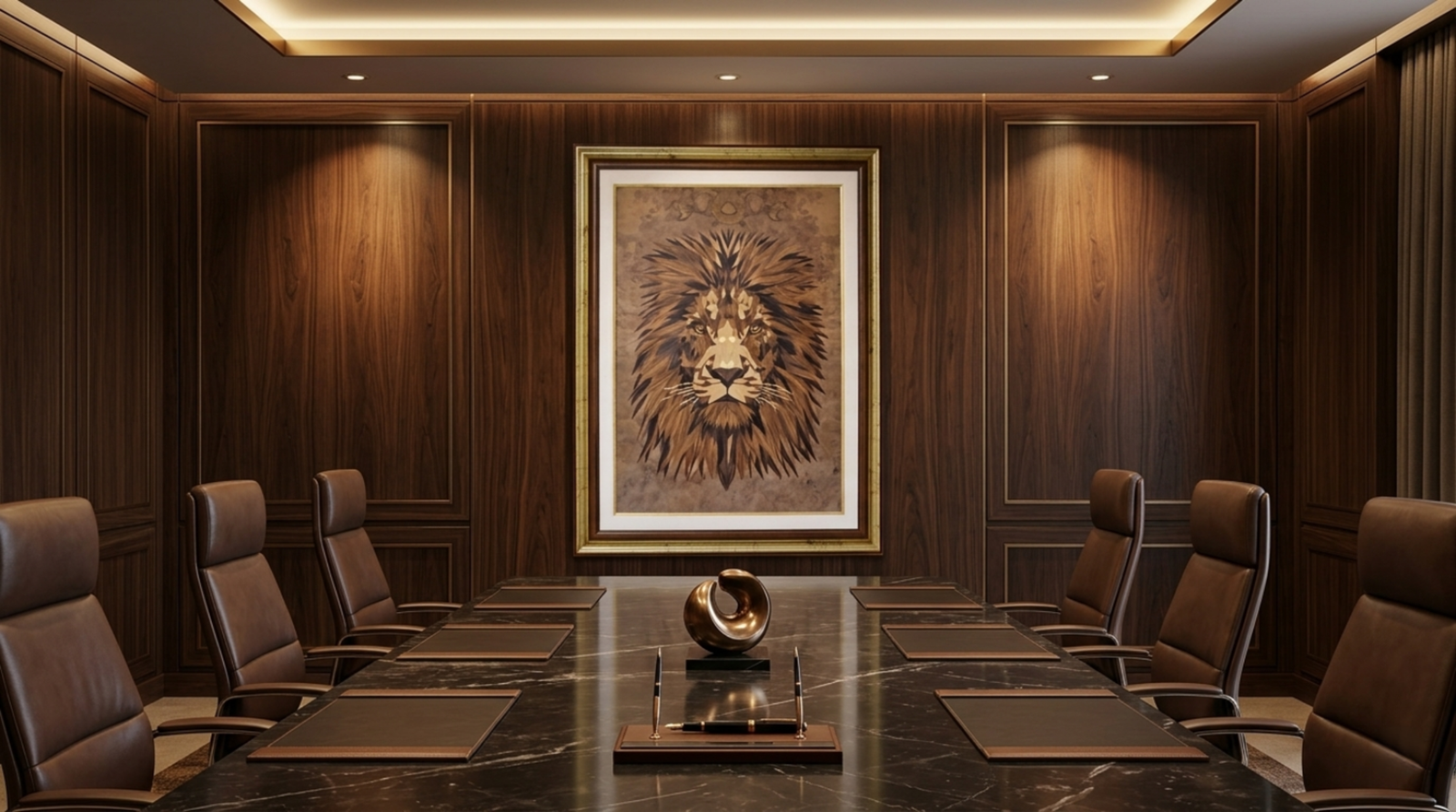 The Sovereign — marquetry portrait by VaCa, hand-cut from natural wood veneer