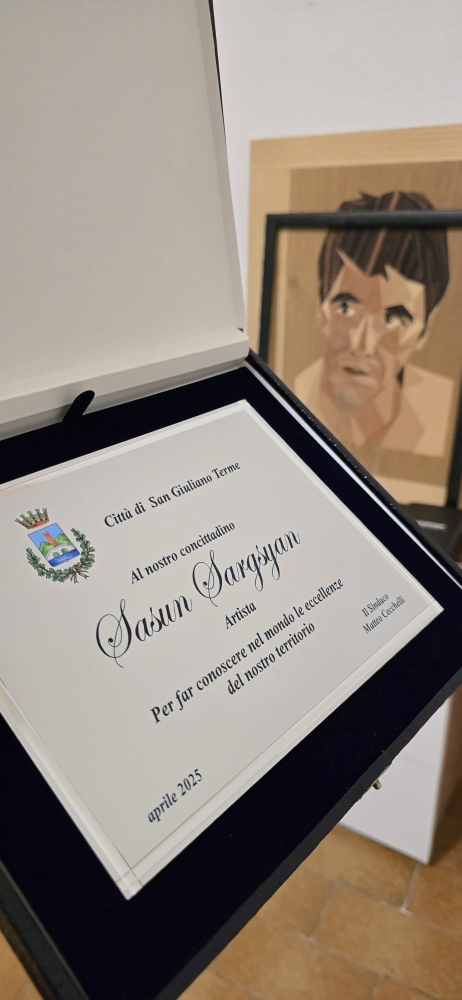 Certificate of recognition from the Municipality of San Giuliano Terme, Italy — awarded to VaCa Marquetry