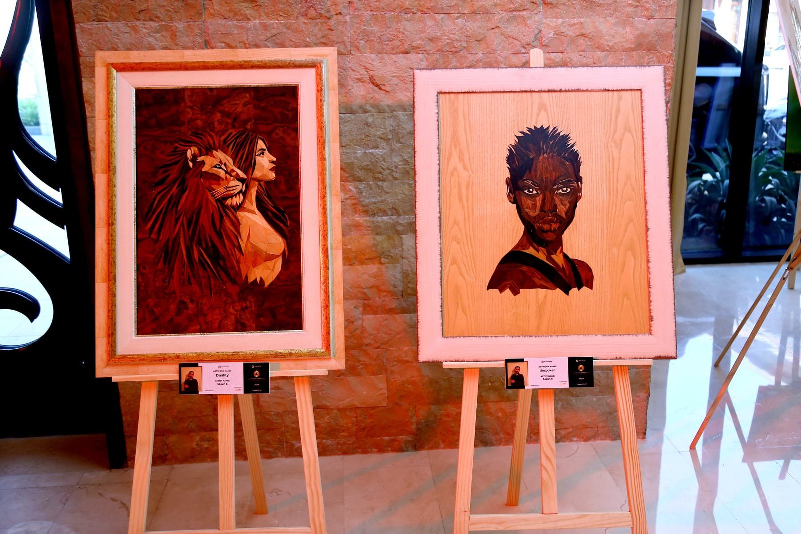 World Art Dubai 2024 — marquetry portrait on display
