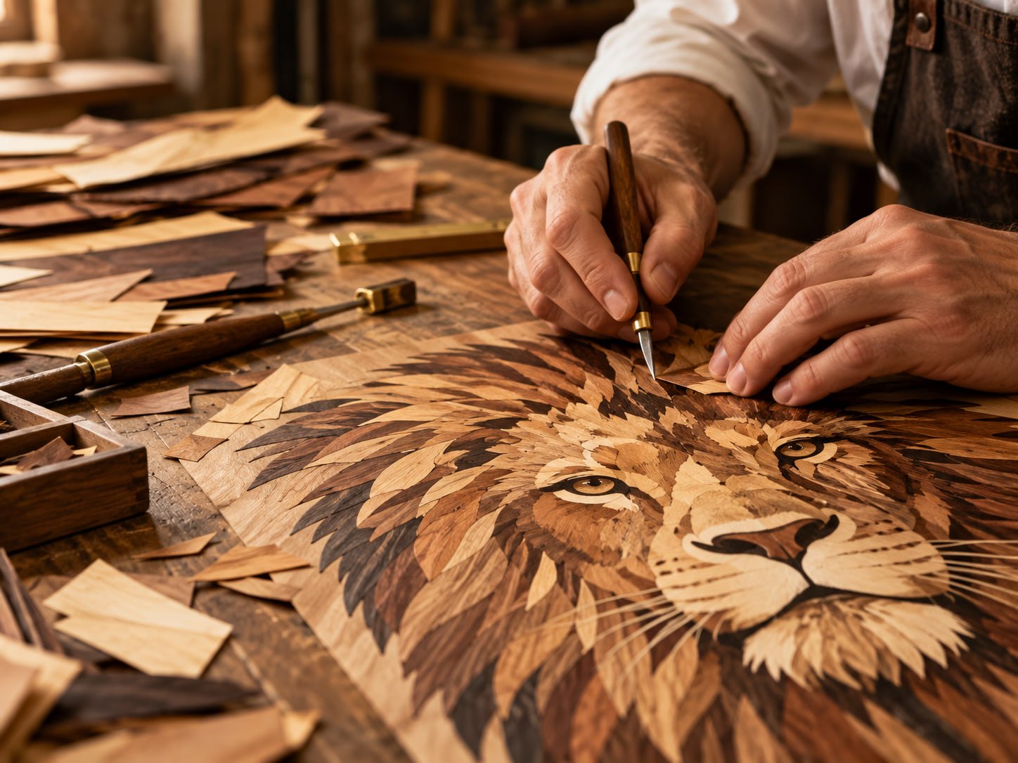Hands cutting wood veneer at the workbench for a marquetry lion portrait