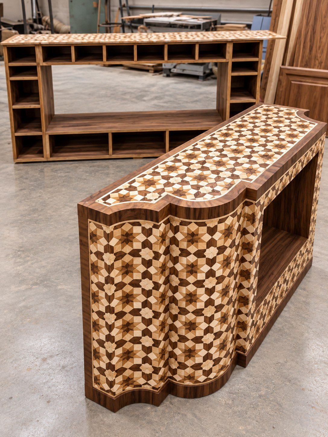 Console with geometric marquetry (enhanced image)