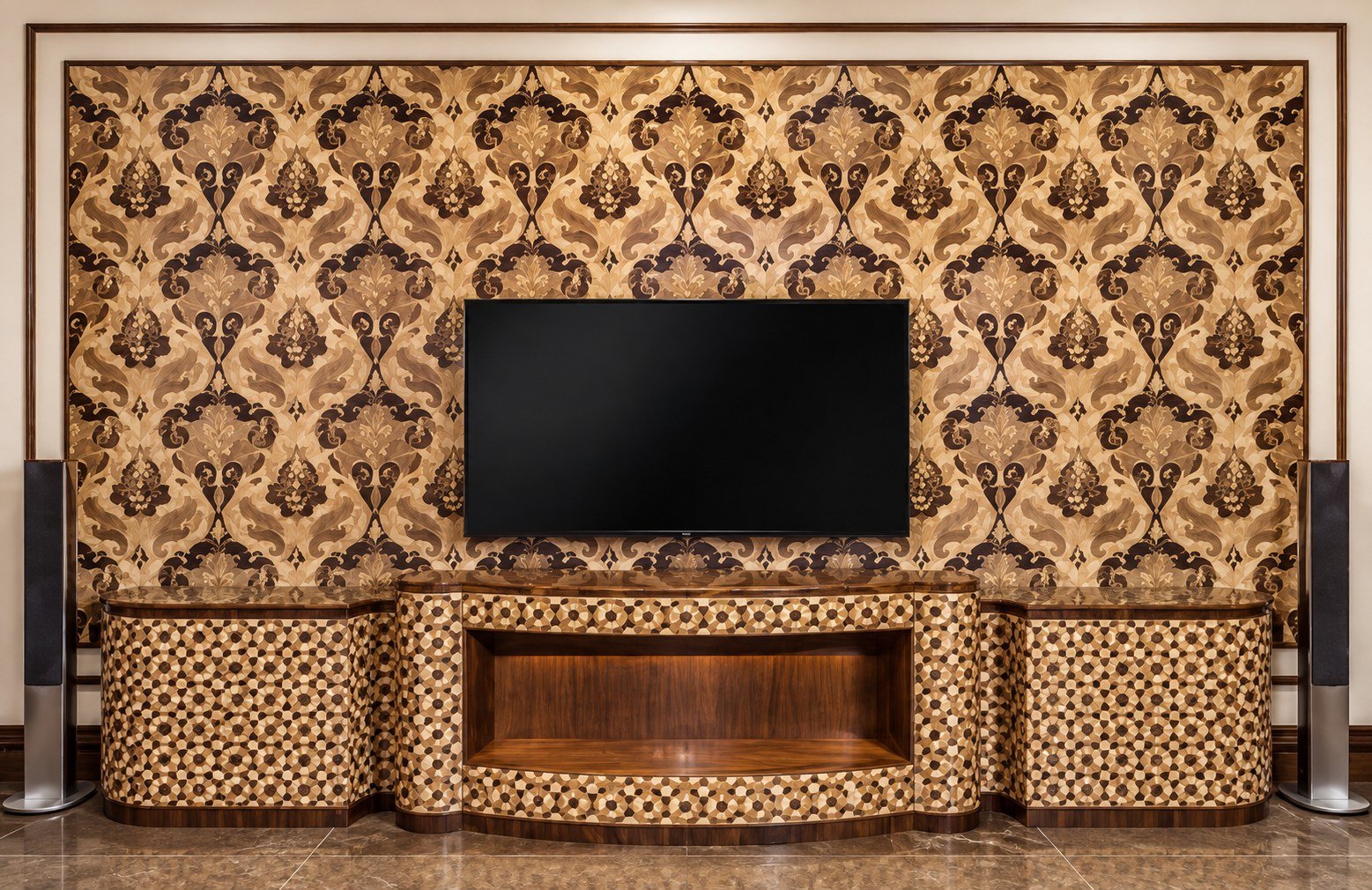 Marquetry wall panelling and media cabinet, installed (enhanced image)