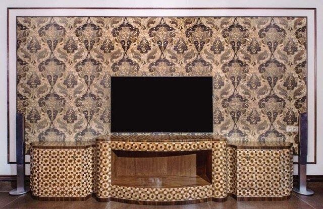 Marquetry wall panelling and media cabinet, installed (original photo)